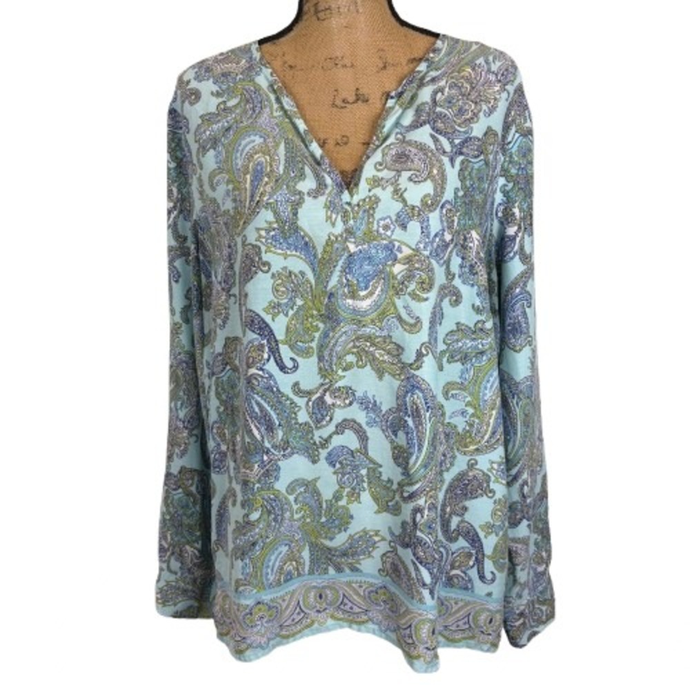 Talbots Popover Blouse Blue Green Paisley Split V-Neck Long Sleeve Spring XL